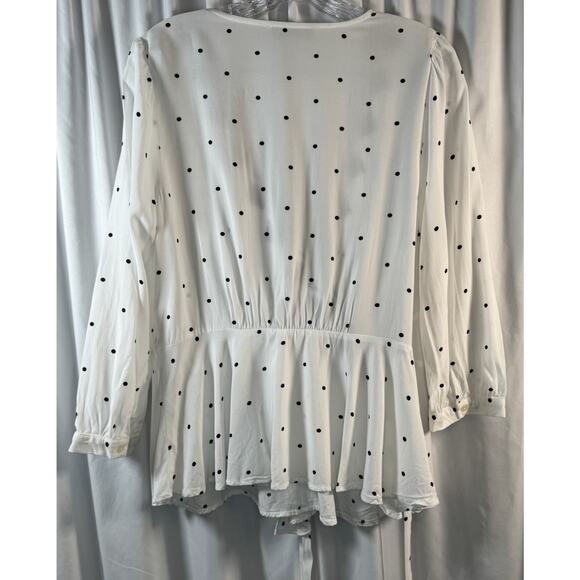 Loft Scalloped Polka Dot Wrap Blouse, White & Black, Sz: M, 80-32 - Picture 13 of 15